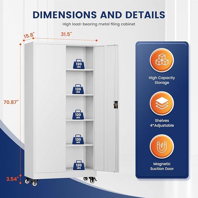 Metal Garage Storage Cabinet with Locking Doors and Adjustable Shelves,- 75" Rolling Steel Tool Cabinet for Home Office,Garage,Warehouse
