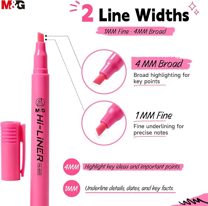 M&G Liner Highlighters, 12-Count Pack Pink Highlighters, Chisel Tip No Bleed Highlighter Pens for Office Documents, Planning, and Everyday Organization