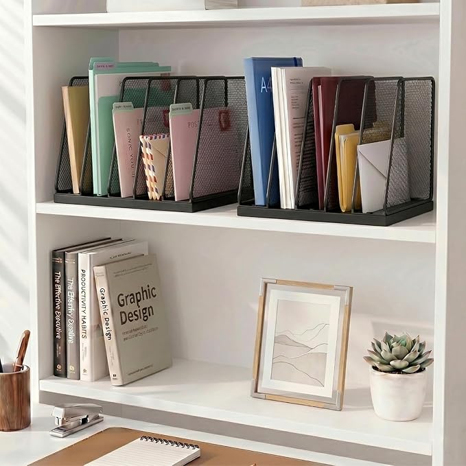 5-Section Vertical File Organizer for Desk, Sturdy Wood Base & Metal Mesh Desktop File Holder, Upright Paper Folder Sorter for Office Supplies（Black）