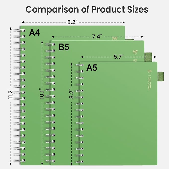 EMSHOI Lined Spiral Journal Notebook, 300 Pages, A4 Size (8.2'' x 11.2'') | College Ruled, 100 GSM Thick Paper, Flexible Plastic Cover, for School, Writing, Work, Office & Journaling (Green)