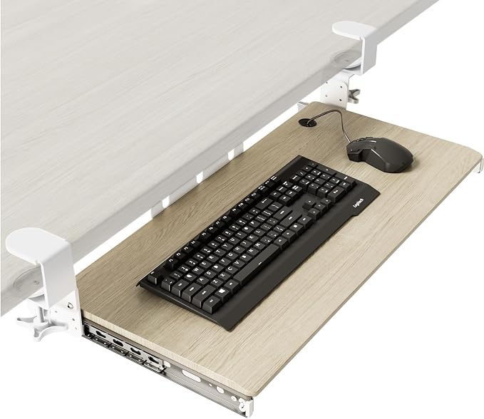 Keyboard Tray Under Desk Pull Out with Extra Sturdy C Clamp Mount System, 27.3 (32.5 inch Including Clamps) x 11 Inch Slide-Out Platform Computer Drawer for Typing Grain
