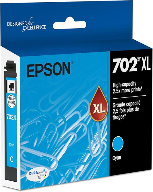 EPSON 702 DURABrite Ultra Ink High Capacity Cyan Cartridge (T702XL220-S) Works with WorkForce Pro WF-3720, 3730, 3733
