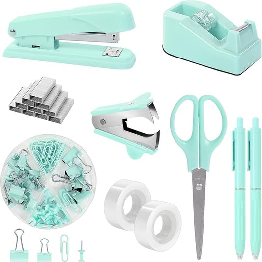 SKYDUE Teal Office Supplies Set - Desk Accessories, Stapler, Tape Dispenser, Scissors, Clips and 1000pcs Staples for Teachers