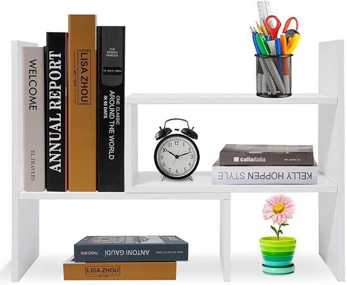 Wood Adjustable Desktop Storage Organizer Display Shelf Rack, Office Supplies Desk Organizer,White