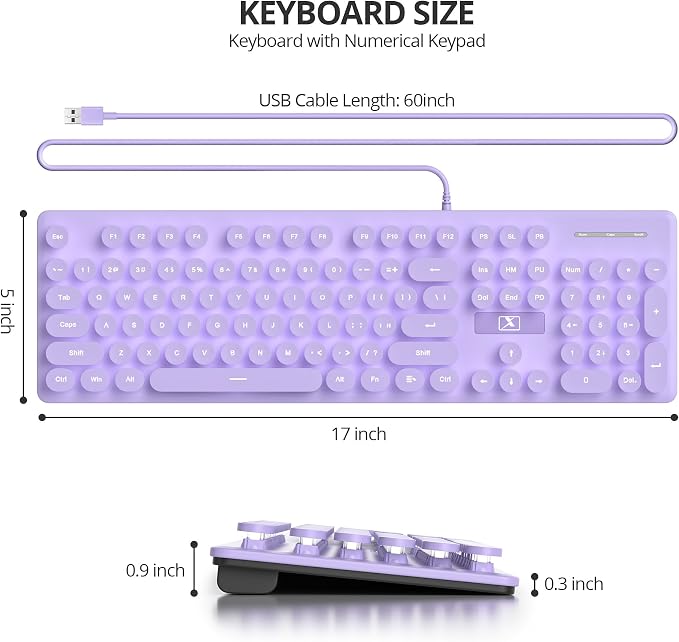 surmen Purple Quiet Keyboard Wired Retro Typewriter, Full Size Soft Keyboards with Number Pad, Round Keys, Backlit USB for Office, Desktop, Laptop(Purple)
