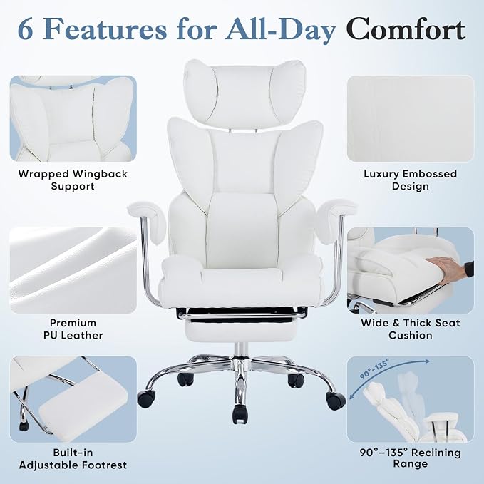 DUMOS Big and Tall Home Office Desk Chair, Executive Chair with Footrest | Scratch-Resistant PU Leather, Ergonomic Reclining, Pocket Spring Support, 400 LBS Weight Capacity, White