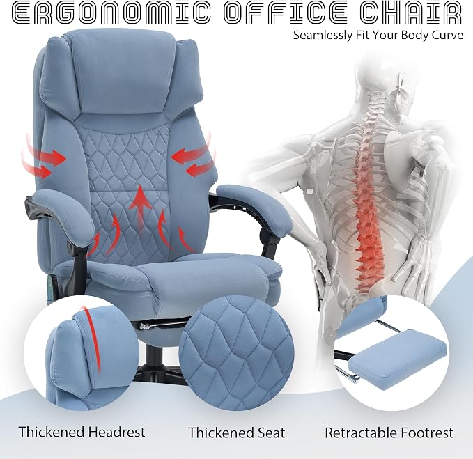 Massage Office Chair with Foot Rest 6 Points Vibration and Heat Home Office Desk Chairs for Heavy People 400lbs Reclining Managerial Chairs Ergonomic Executive Chair (Dustyblue)