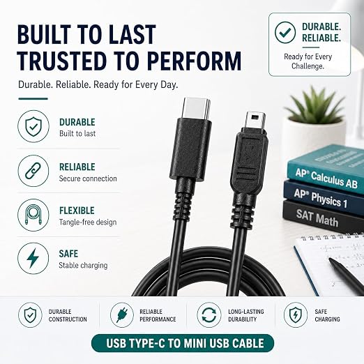 TI-84 Plus CE Charger Cable, USB-C to Mini USB Charge & Sync | Reliable USB-A to Mini USB Charge & Sync cable for TI-84 Plus CE calculators.