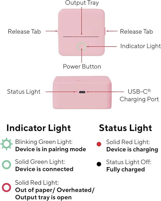 Core Innovations Wireless Mini Portable Inkless Thermal Printer & LabelMaker + Paper Pink