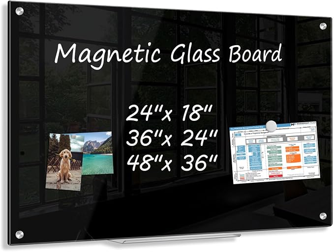 48” x 36” Large Black Dry Erase Board Tempered Magnetic Glassboard | (4’ x 3’) Wall Mounted Frameless Dry Erase Black Glass Board with Acrylic Pen tray, Magnets for Office, Home