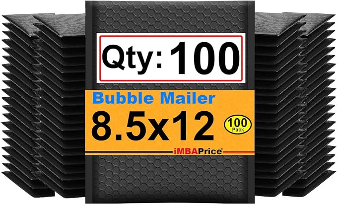 iMBAPrice 100-Pack #2 (8.5" x 12") Pure Black Color Self Seal Poly Bubble Mailers Padded Shipping Envelopes (Total 100 Bags)
