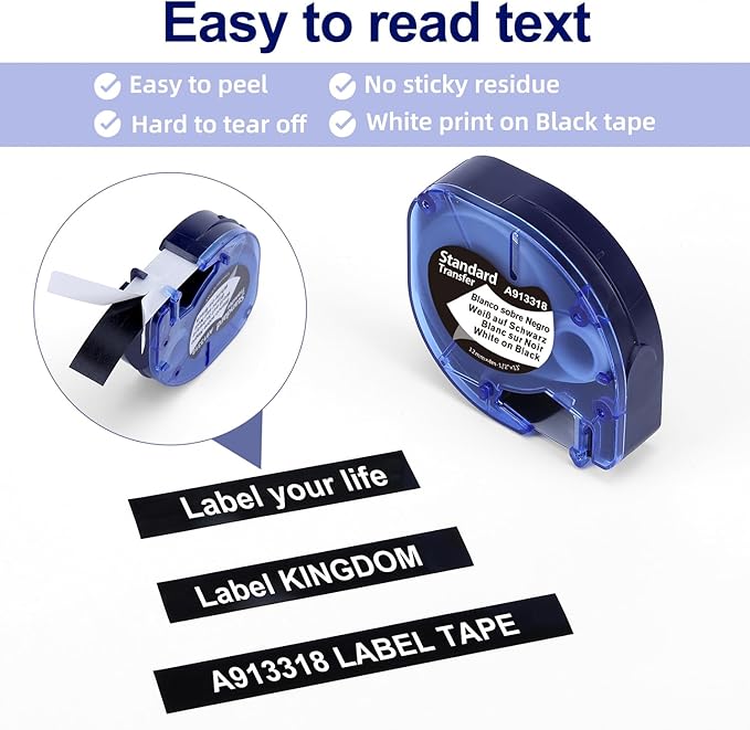Label KINGDOM Black Tape Compatible with Dymo Letratag Refills White on Black Plastic LT Labeling Tape 12mm x 4m (1/2 Inch x 13 ft) for DYMO LetraTag LT-100T LT-100H LT200B QX50 Label Maker, 3-Pack