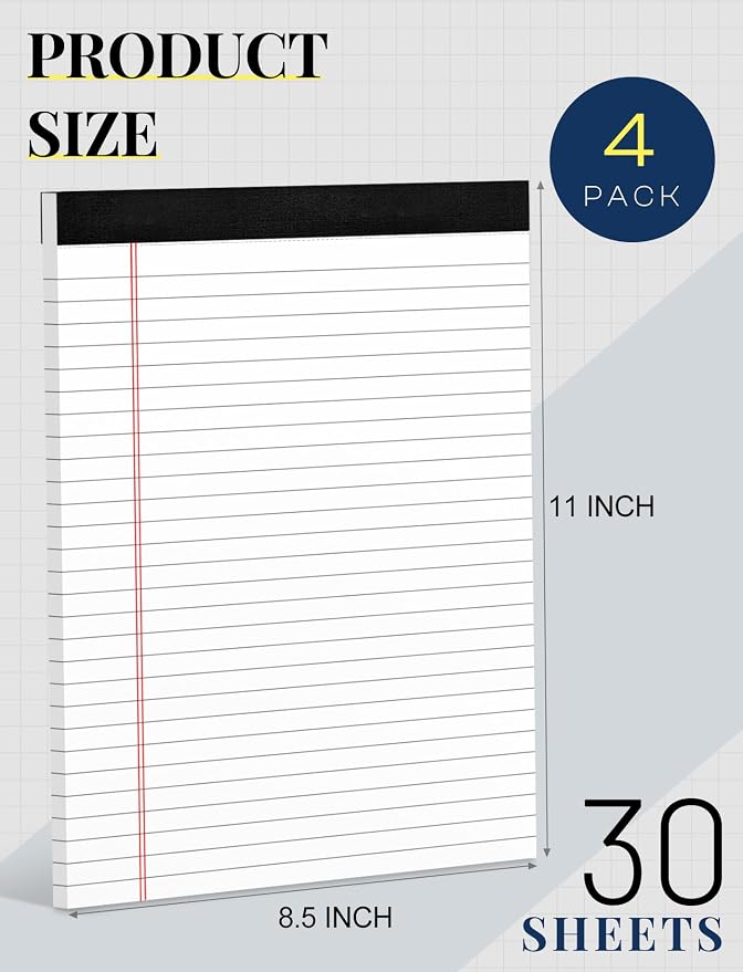 4 Pack Note Pads 8.5 x 11, Wide Ruled, Lined Writing Note Pads for Office | White Legal Pads 8.5x11, 30 Sheets per White Notepad 28 Lines Lined Paper Pads for School Perforated Legal Notepads for Work