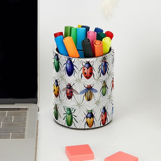 Leather Pen Holder for Desk, Beetle Pencil Cup Pen Organizer Makeup Brush Holder for Office Home Kids Countertop Desk Accessory Storage
