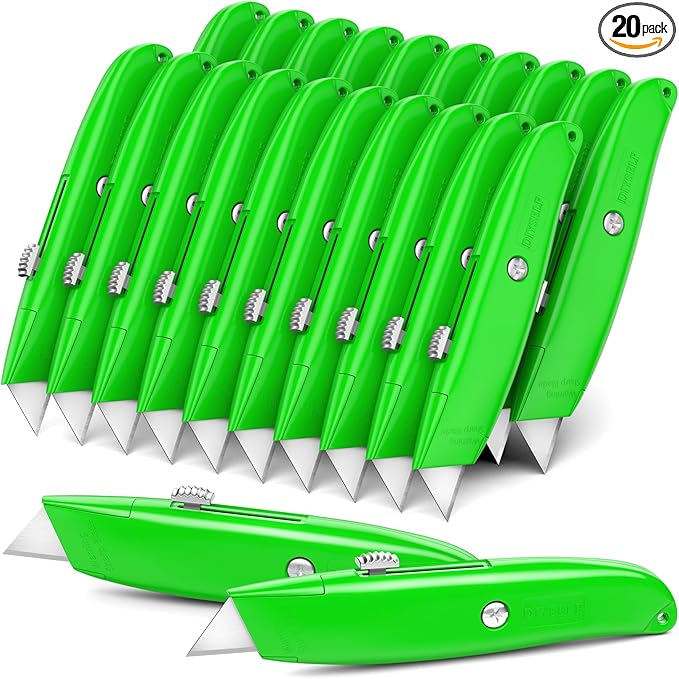 DIYSELF Utility Knife, 20 Pack Heavy Duty Box Cutter Retractable, Box Cutter Knife, Box Opener, Cardboard Cutter, Utility Knives for Garage, Home and Office, PVC Pipe Cutter (Green)