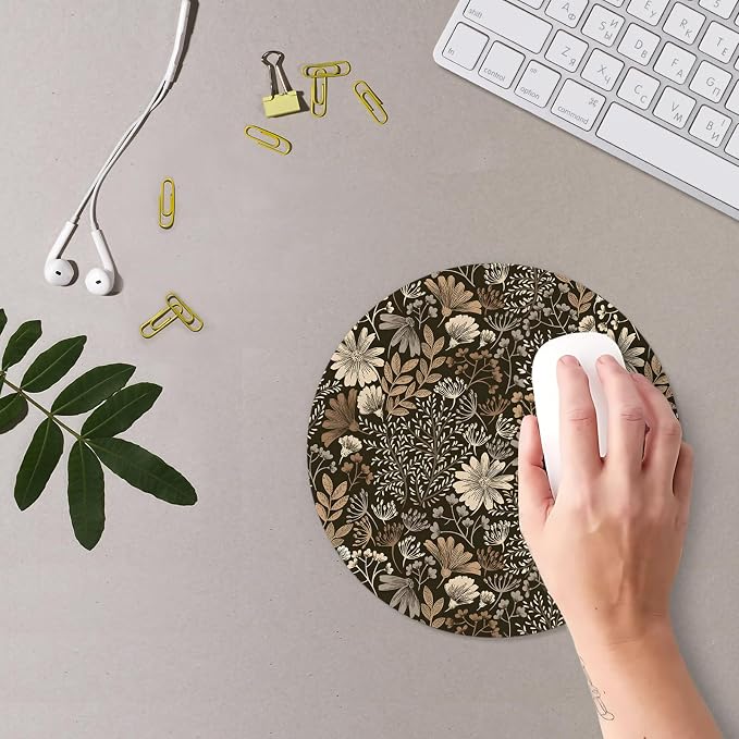 Boho Floral Mouse Pad, Cottagecore Dark Brown Floral Plant Vegetation Mousepad Mouse Mat with Non-Slip Rubber Base for Home Office Desk Accessories, Boho Office Supplies, 7.9x7.9 Inch