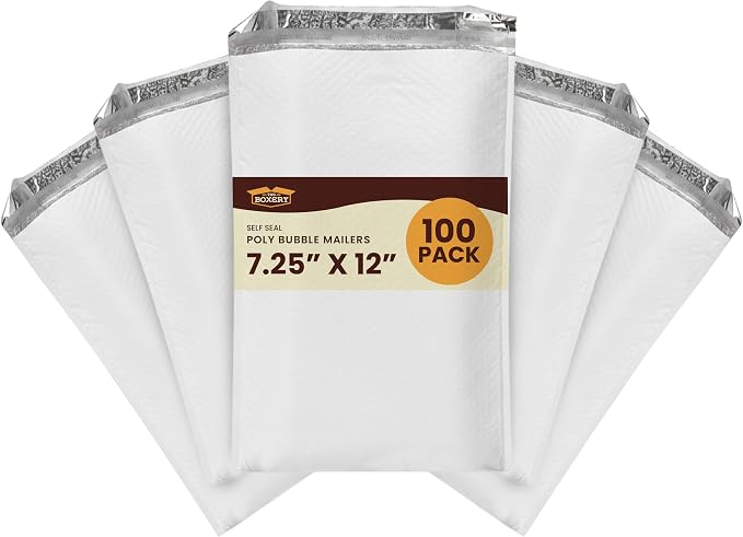 The Boxery 7.25x12" #1 Poly Bubble Mailers 100 Pack, Padded Envelopes, Self Seal, Waterproof Shipping Bags for Shipping & Packaging