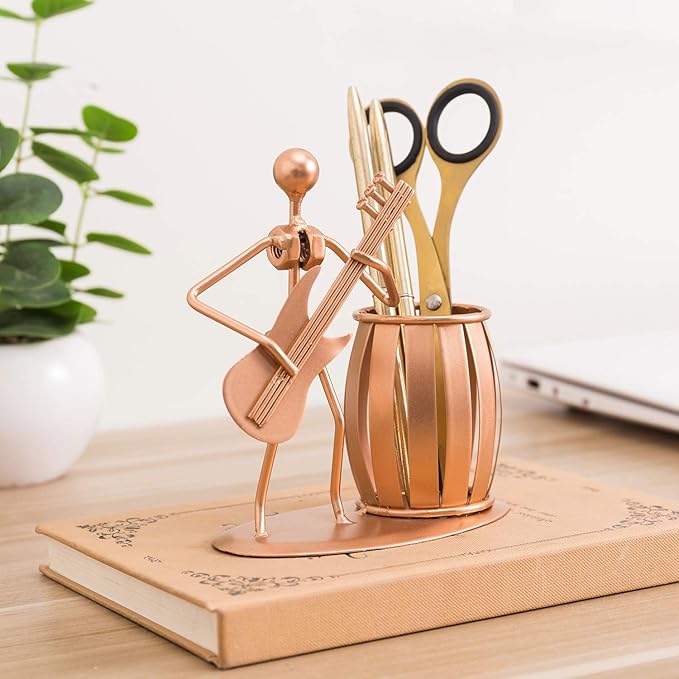 MyGift Pen Holder for Desk, Decorative Pencil Cup with Guitar Design, Accessories & Decor for Men, Gunmetal Gray Metal Desk