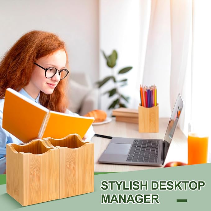 2 Pcs Bamboo Wood Pen Pencil Holder Square Pencil Cup Stand Makeup Organizer for Pen Holder Desk Home Office Adults(Bamboo Wood, Wavy)