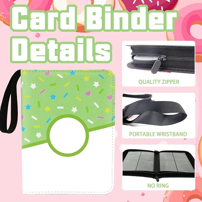4 Pocket Portfolio Card Binder 240 Card Holder Album, Green Donut Trading Cards Holder Zipper Binder for Girl Teen Collection (Green Donut, 240 Pocket (Portfolio))