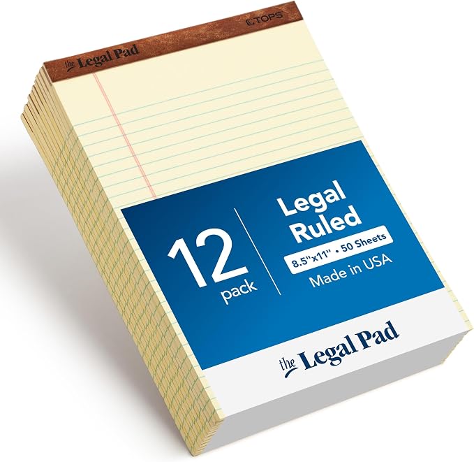 Tops 8.5 x 11.75 Legal Pads, The Legal Pad Brand, Wide Ruled, Yellow Paper, 50 Sheets Per Writing Pad, Made in the USA (7532) 12 Count (Pack of 6)