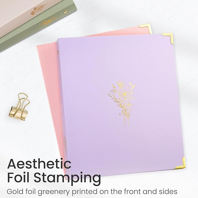 Sooez 3 Ring Binder, Cute 1 Inch Binders with Gold Foil & Metal Corners, Three Ring Recipe Binder with Pocket, Fits 8.5" x 11" Paper for Women School Home Office Supplies, Letter Size