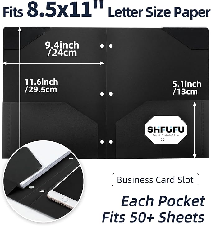 2-Pocket Folder, Heavy Duty Plastic Folder with 3 Hole Punched, Fit for 3 Ring Binder, Letter Size Binder Folder for School Office (Black, 1 Pack)