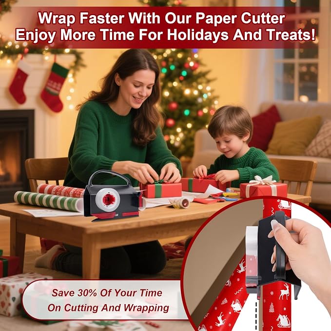 (2-Pack) Wrapping Paper Cutter & Tape Dispenser Dual Use - 4 Tapes, 2 Replace Blades - Gift Wrap Tool, Paper Roll Slicer, Smooth Straight Cut Packaging Tool for Birthday, Holiday & Office Use