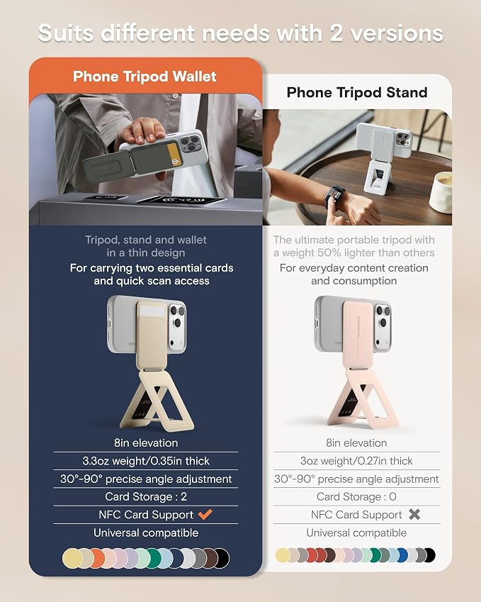 MOFT Phone Stand Wallet, NFC-Supported Tap-and-Go Card Holder, MOVAS Leather, Slim Magnetic Tripod for iPhone 17/16/15/14/13/12, Travel Essential Wallet Cell Phone Stand for 2 Cards, Earthen Beige
