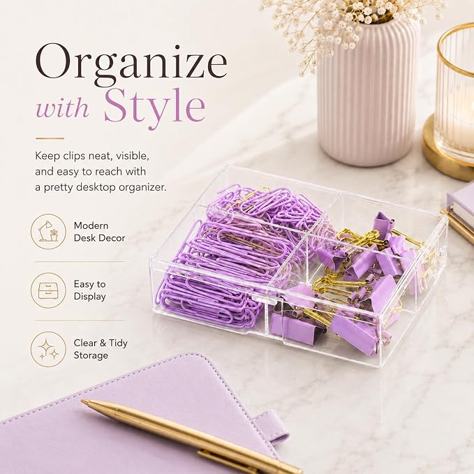 Paper Clips and Binder Clips Set, Purple & Gold, Assorted Size Clips
