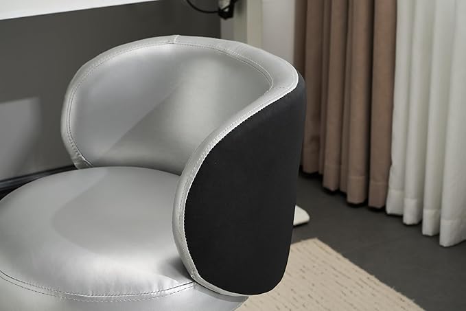 VINGLI Cute Small Swivel Desk Chair Comfy no Wheels,Ergonomic Low-Back Lumbar Support Vanity Nail Tech Computer Task Stool Chair for Home Office,Height Adjustable,PU Leather Silver&Suede Black