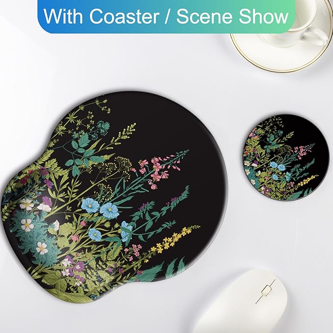 Ergonomic Mouse Pad with Wrist Support Rest,Large Mousepad Gel Wrist Rest, with Coaster Non-Slip & Pain Relief for Computer, Desk, Home&Office-Floral