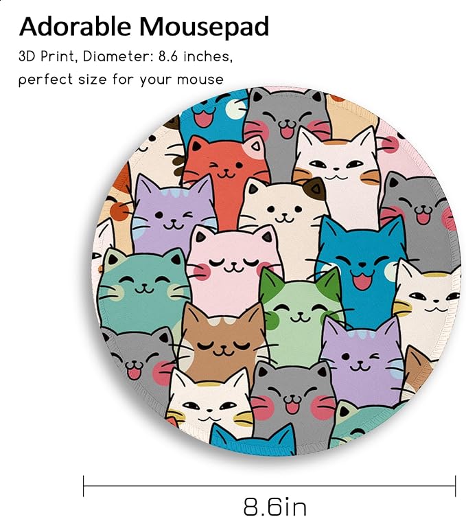 Immaturus Cat Mouse Pad, Cute Small Mousepad for Desk Gaming Work Office | 8.6" x 8.6", Travel, Home Decor Desk Accessories, Round, Non-Slip Base, for Wireless Mouse Laptop Computer, Girls Cat Lover