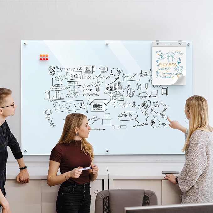 MaxGear 60" x 40" Glass Whiteboard Wall Mounted for Office Home Classroom | Magnetic Glass Dry Erase Board, Tempered Glass, Steel Backed, Non-Porous Surface, Frameless Design, Hardware Included