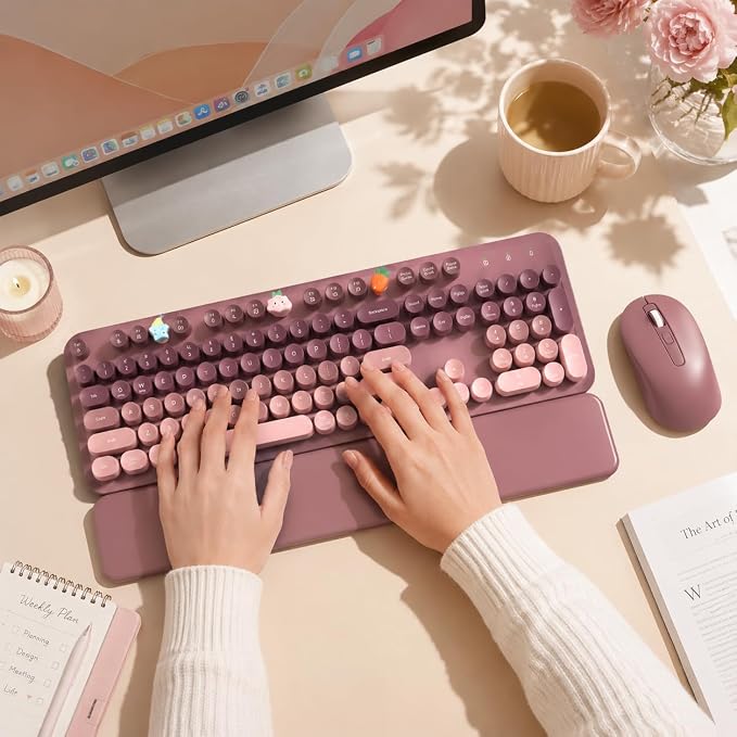 Wireless Keyboard and Mouse Combo, Round Keycaps, Full-Size Retro Typewriter Keyboard with Magnetic Wrist Rest, Tilt Legs, 2.4GHz Cordless for Mac, Windows PC, Laptop, SABLUTE CK23, Dusty Rose Ombre