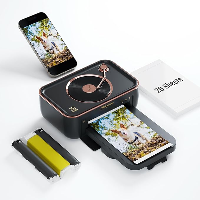HPRT Photo Printer 4x6,+20 Sheets&1Ribbon Black, Audio Function Thermal Dye-Sublimation Printer，Portable Instant Picture Printer for iPhone, Android, AR Video Printing