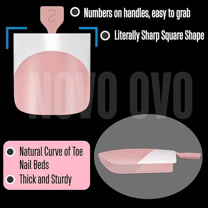 NOVO OVO Press on Toenails, Toe Nail Press ons for Women, White French Tip Sharp Square Pre-Designed Soft Gel Thick False Toenail Extension, BABY PINK Full Cover Acrylic for DIY x 15 Sizes 150 pcs