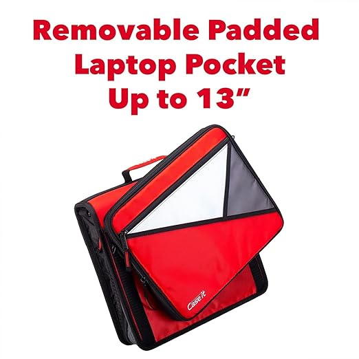 Case-it The Universal 2.0 Zipper Binder -1.5 Inch D-Ring - Removable Padded Pocket Holds Up to 13" Laptop/Tablet - Multiple Pockets - 350 Page Capacity - Comes with Shoulder Strap - Fire Red LT-207