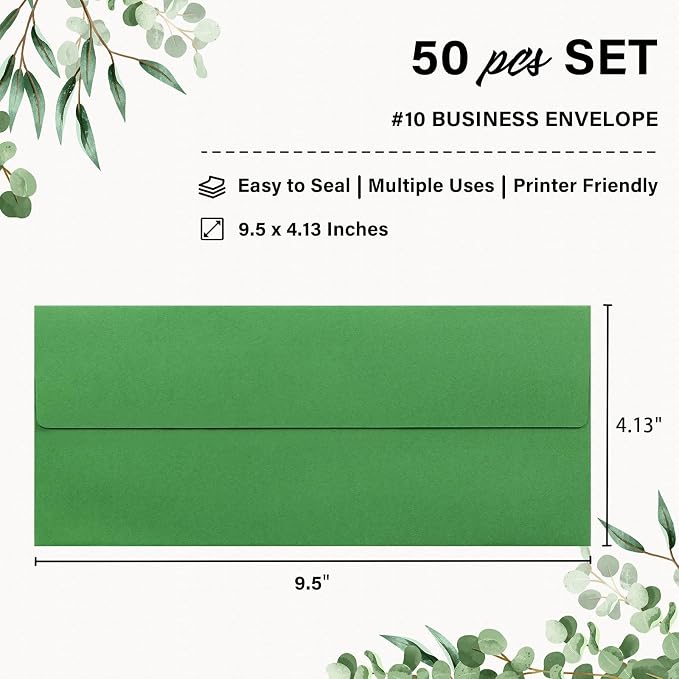 50 Pack #10 Green Envelopes Letter Size Self Seal Business Envelopes | Security Mailing Envelopes, 4 1/8 x 9 1/2 Inches