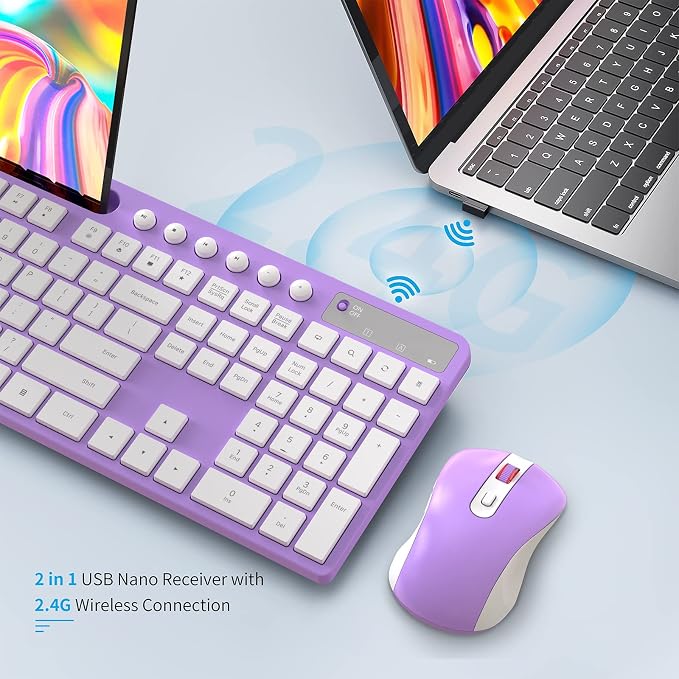 Wireless Keyboard and Mouse Combo, MARVO 2.4G Ergonomic Wireless Computer Keyboard with Phone Tablet Holder, Silent Mouse with 6 Button, Compatible with MacBook, Windows (Purple)