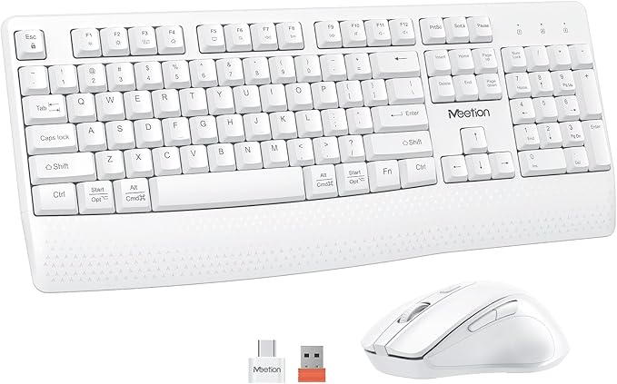 MEETION Wireless Keyboard and Mouse White, 2.4G USB Receiver Plug-and-Play, Computer Keyboard with Wrist Support, 3 Level DPI Mouse, Long Time Lasting Battery for PC/Mac/Windows/Laptop, White
