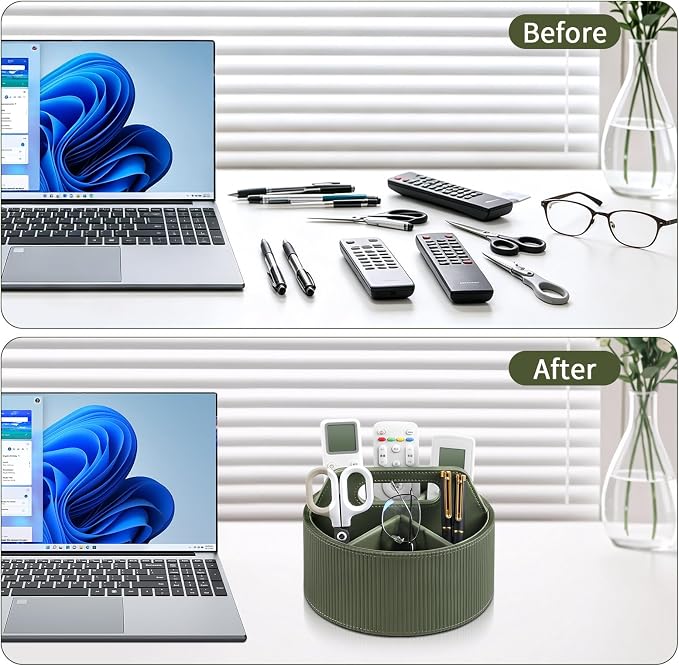 Round Desk Organizer Caddy Caddy Organizer Remote Control Holder | 6 Compartments, Portable Handle, Soft Lining, Aesthetic Stripes, Waterproof And Stain-Resistant