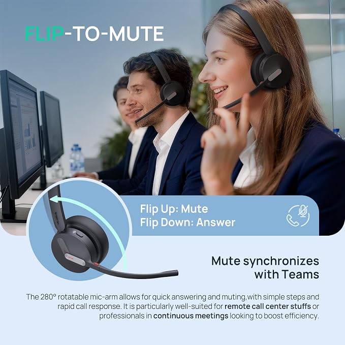 Yealink BH70 Mono Bluetooth Teams Headset with AI Mic for Work from Home PC | 3 Microphone Sound Isolation, Microsoft Teams & Zoom Certified, Compatible with Cisco Zoom Google, 35h Talk, USB-A dongle