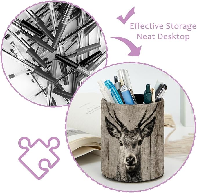 Leather Pen Holder for Desk, Ancient Wooden Wall Deer Pencil Cup Pen Organizer Makeup Brush Holder for Office Home Kids Countertop Desk Accessory Storage