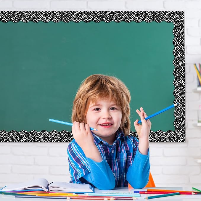 Zonon 65 Feet Bulletin Board Borders Black White Dots Wavy Classroom | Rolled Edge for Back to School, Scalloped Wavy Design, Polka Dot Pattern, Decorative Trim for Classroom Bulletin Boards