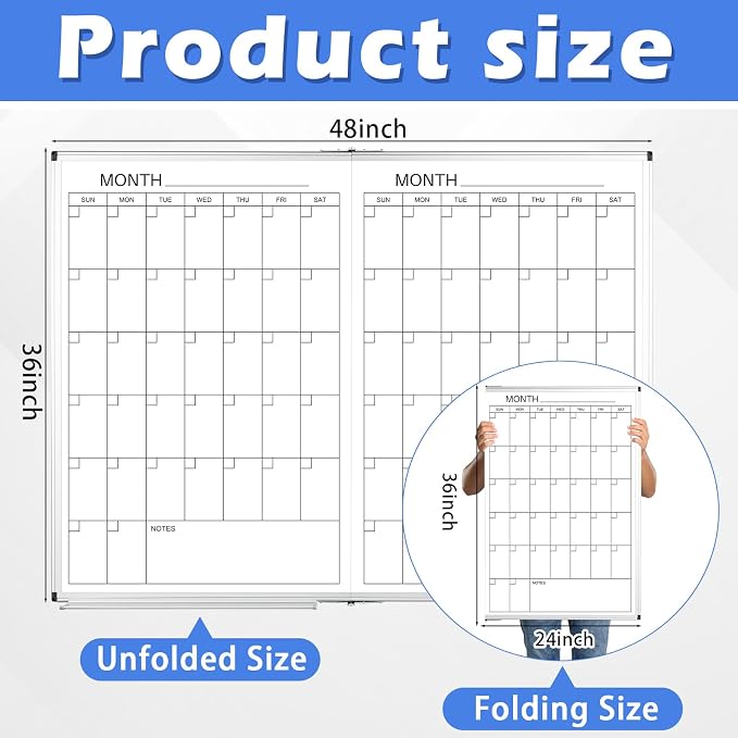 Large 48" x 36" Magnetic 2 Month Dry Erase Calendar White Board Foldable Whiteboard Calendar for Wall Mounted 2 in 1 Double Side Whiteboard with Dry Erase Board for Wall Office Home