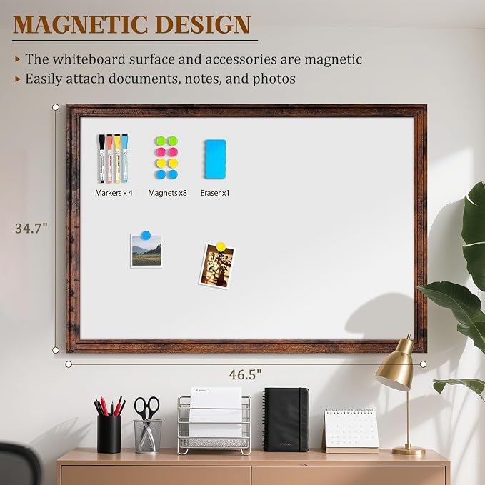 Large Dry Erase White Board for Wall, 48"x36", Brown White Wooden Frame | Magnetic, Decorative Whiteboard, Wall Mounted, for Home, Office, Kitchen, Dorm, 4 Markers, 6 Magnets, A Eraser