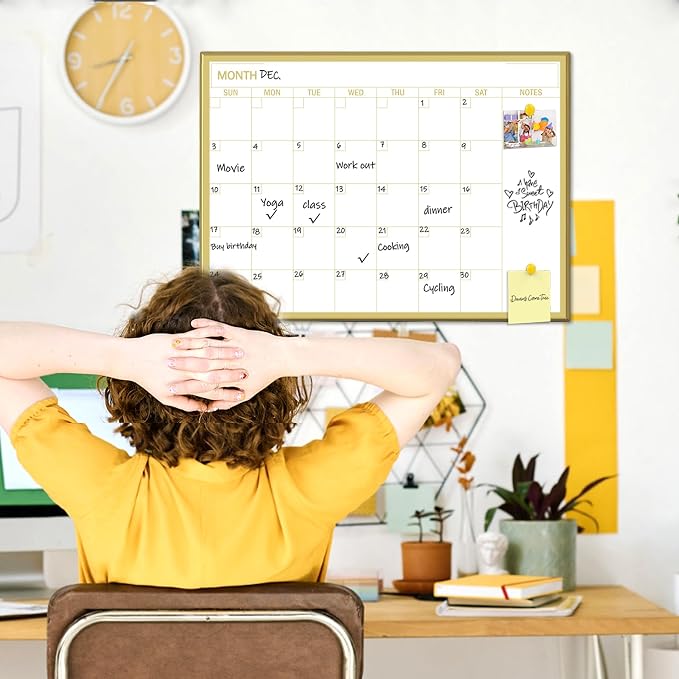 Gold Dry Erase Calendar Whiteboard for wall-18 x24’’,Portable Aluminum Frame,Magnetic Calendar White Board,Wall Planner Dry Erase Board for Office, Kitchen, School, Home-GG-4560