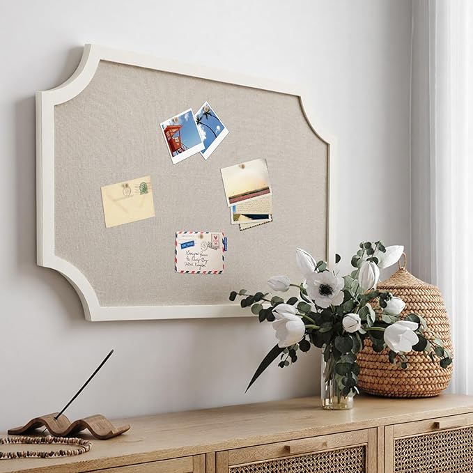 Vintage Framed Pin Board Linen Display Bulletin Board Large Ornate Fabric Picture Photo Pinboard Memo Decorative Prayer Pinboard Ornate for Wall Gift(Scalloped,24'' X 36",Farmhouse White)