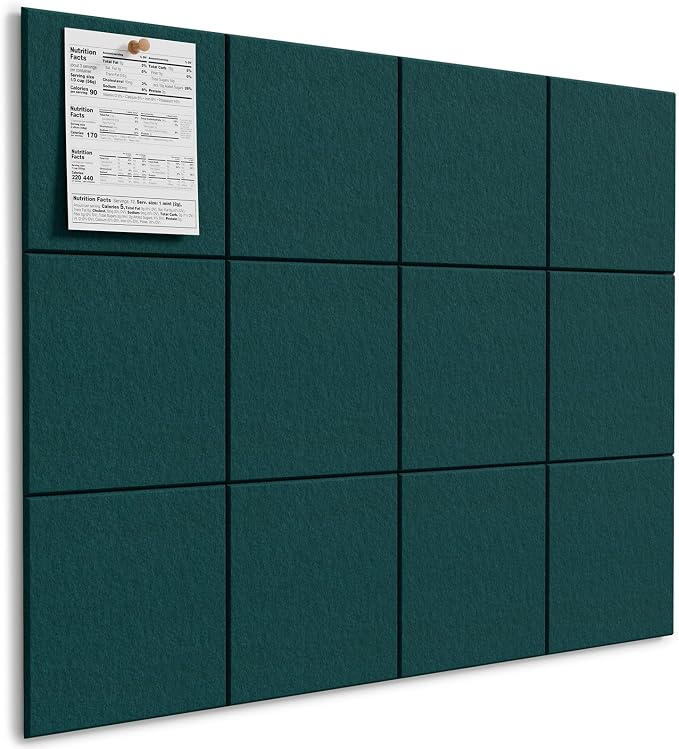 MaxGear Felt Bulletin Board 48" x 36", Dark Green Felt Wall Tile Wall Decor | Modern Cork Board For Office Alternative, 12 Pack 11.8" x 11.8" Wall Panels With Push Pins, Vision Board Office & Home Decor